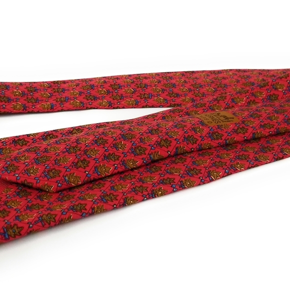HERMES PARIS Tie 7072 TA Red Burnt Orange Oak Leaf - Picture 2 of 6